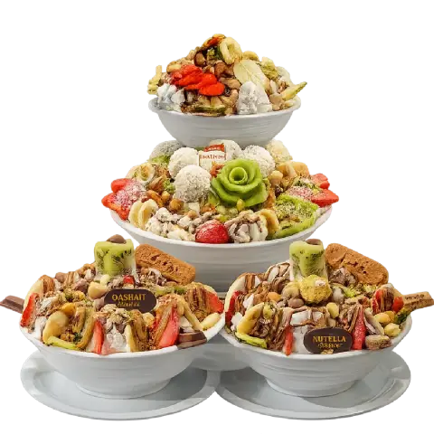 3 medium-sized qashati plates and one small one on top of it