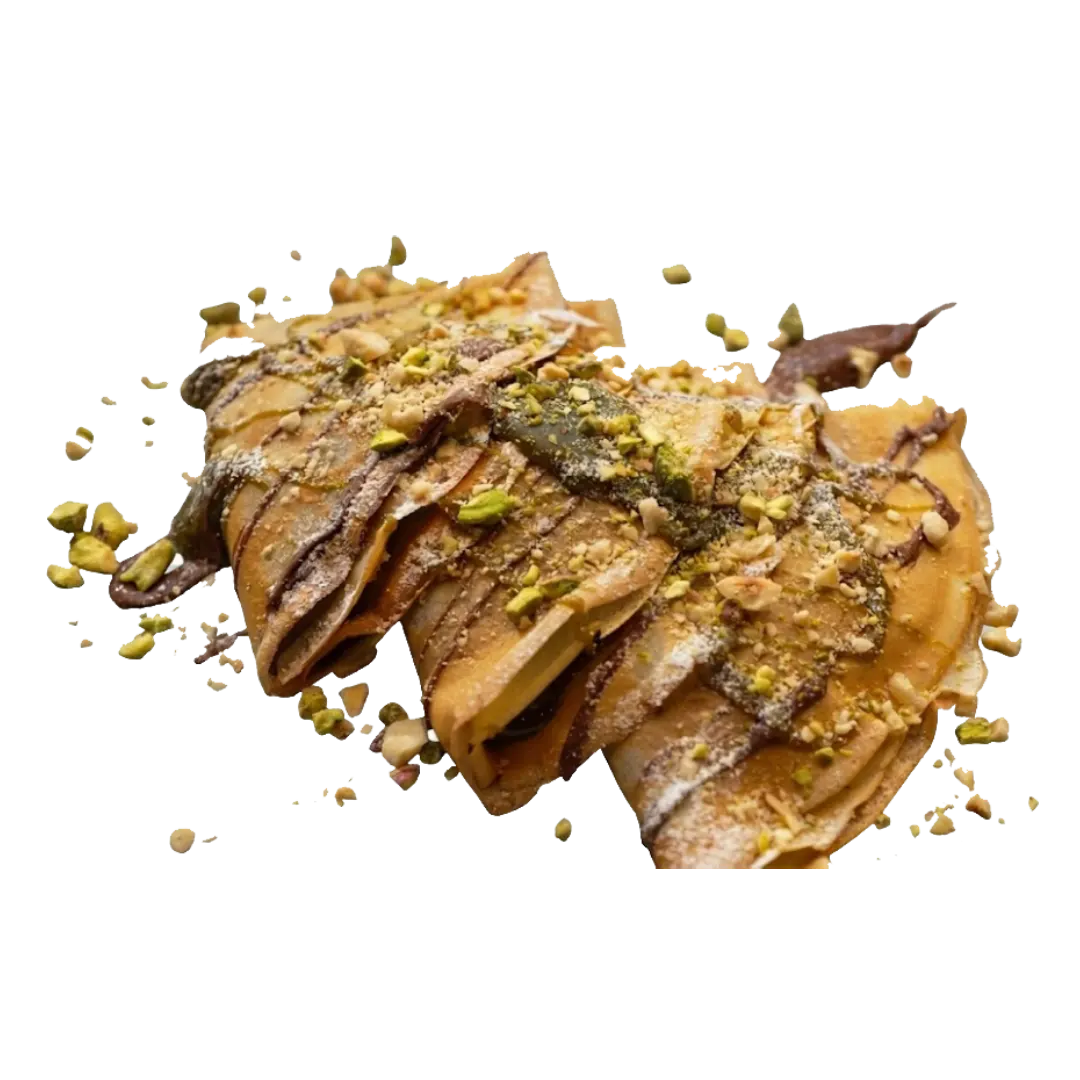 Nutella & Pistachio Pancake, chocolate nut pancake, sweet pancake, nutty dessert, fluffy pancakes, best Nutella pancakes near me, indulgent breakfast treat